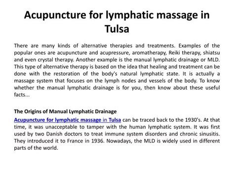 Book an appointment today LIST YOUR PRACTICE ; Dentist ; Pharmacy ; Search. . Lymphatic drainage massage tulsa